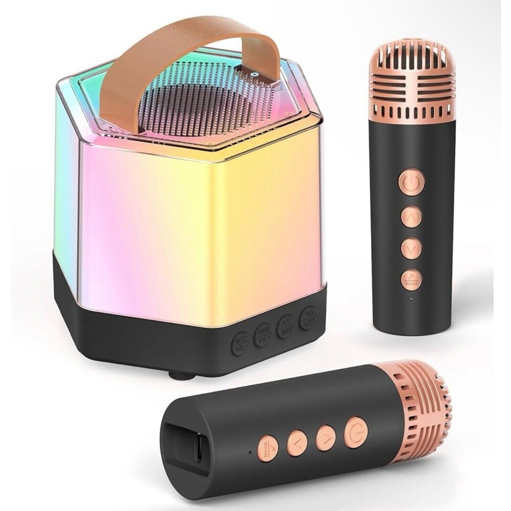 Mini Karaoke Machine - Portable Bluetooth Speaker w/2 Wireless Mics- Black